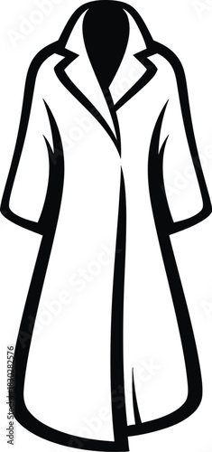 Black and white simple icon or silhouette of a long trench coat or overcoat with a collar, isolated on white background
