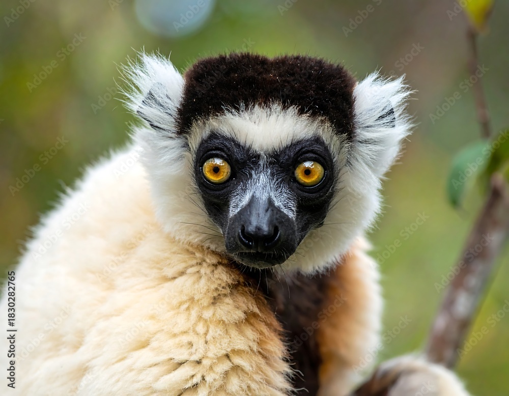 Fototapeta premium Close-up of a expressive and curious Sifaka Lemur with striking yellow eyes