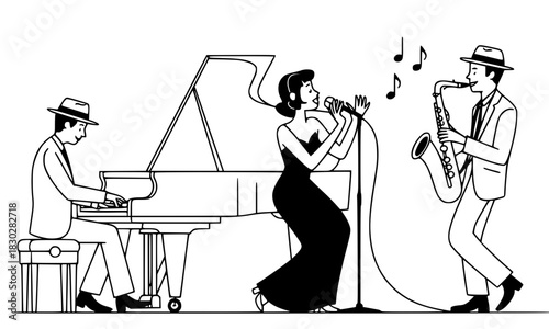 Jazz Band Line Art: Elegant Singer with Microphone, Pianist Playing Grand Piano, and Saxophonist Performing on Stage, Live Music Concert, and Entertainment Vector