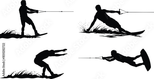 Wakeboarding Waterskiing Silhouettes Set, Male Athletes Performing Dynamic Action and Jumps on Water, Isolated Extreme Water Sport Vector Collection