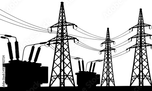 Electricity Power Substation Silhouette: High-Voltage Transmission Towers and Large Electrical Transformers, Energy Grid Infrastructure, Supply, and Distribution Concept