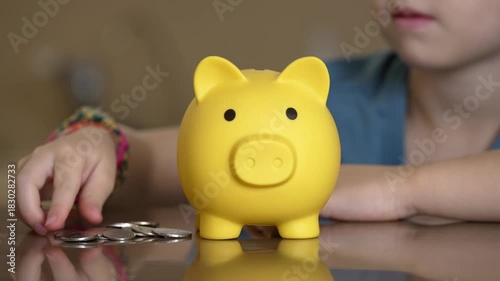 child placing coin into yellow pig bank on wooden table, focused hands, scattered coins, soft warm light,