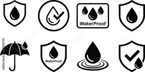 Waterproof Protection Icon Set, Water Resistance, Shield and Droplet Symbols for IP Rating, Durable Product, Security, and Moisture Protection Design Elements, Tested