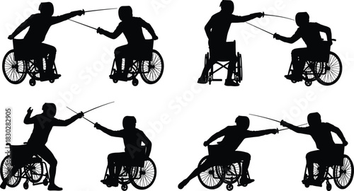 Wheelchair Fencing Combat Silhouettes, Two Para-Athletes in Wheelchairs Dueling with Swords, Dynamic Action Adaptive Sport Vector Collection on White