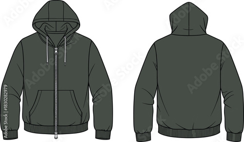 Full zip hoodie front and back flat sketch, drawstring hood kangaroo pocket ribbed cuff hem detail, cad drawing flat vector illustration template