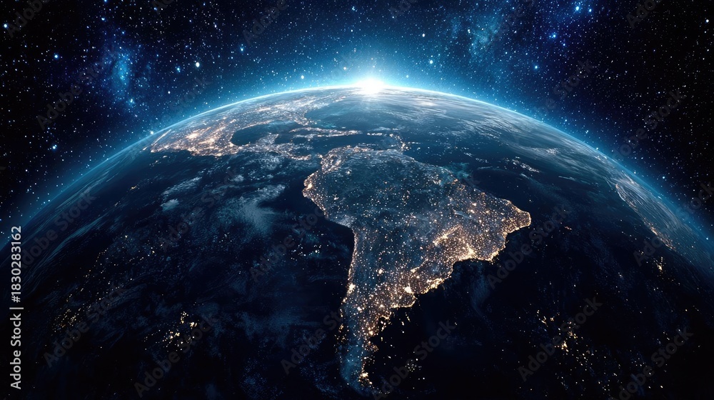 Obraz premium Earth at night showcasing lights of South America concept. Beautiful view of Earth from space showcasing vibrant continents.