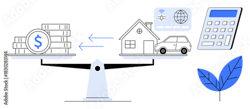 Scales with money on one side and a house, car, and technology on the other, symbolizing asset value and budgeting. Ideal for finance, investments, savings, sustainability, budgeting economy