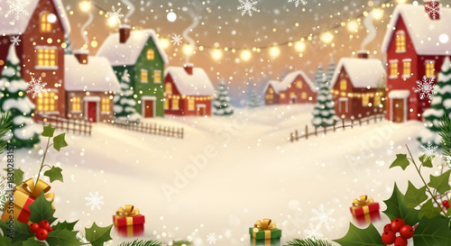 Cozy Christmas Village Scene with Snowing, Gifts, and Twinkling Lights - Festive Holiday Background