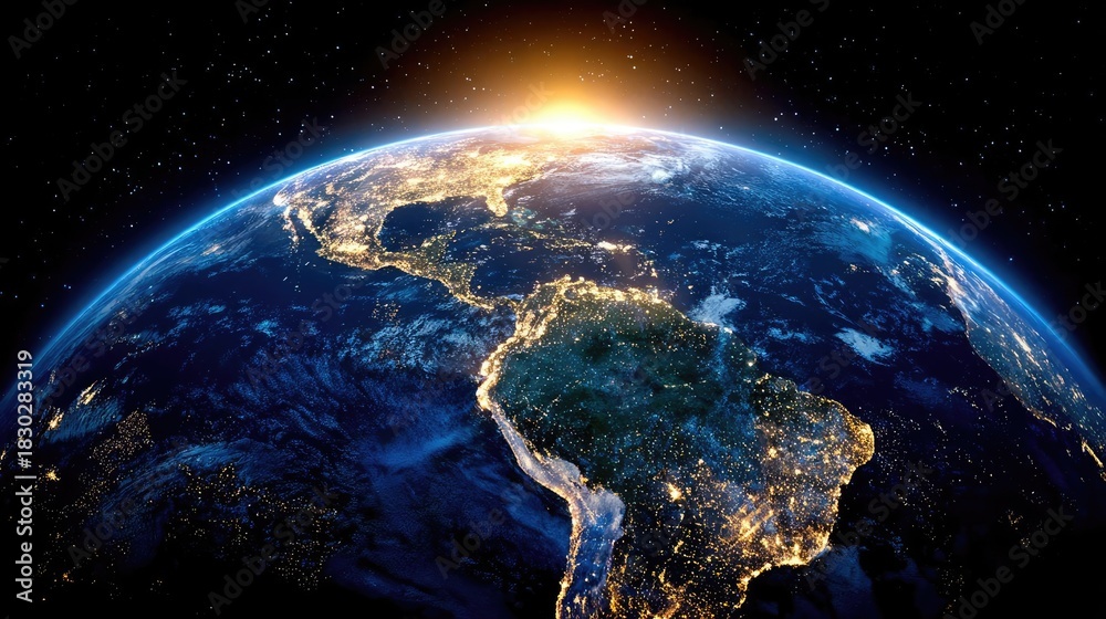 Obraz premium Earth at night showcasing lights of South America concept. A stunning view of Earth from space at sunrise, showcasing beauty.