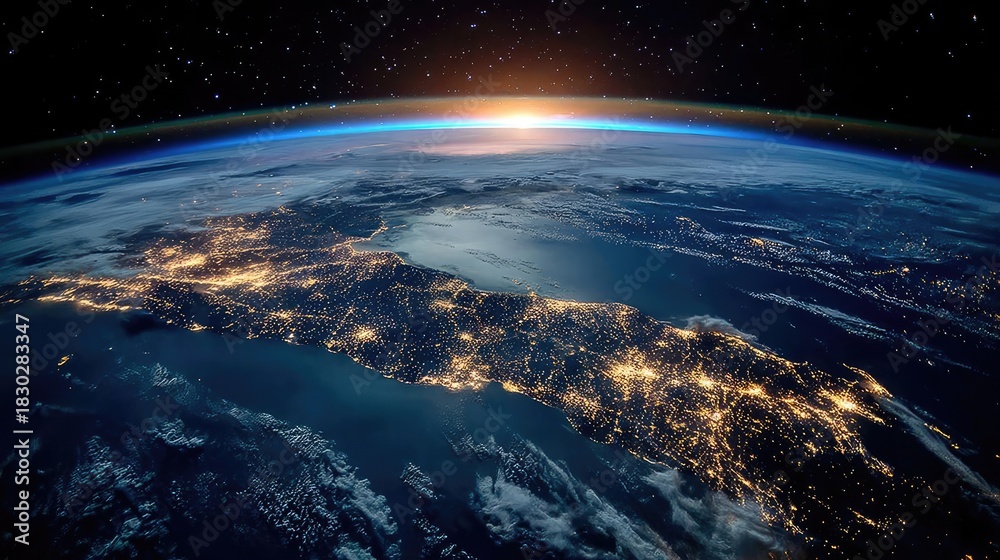 Fototapeta premium Earth at night showcasing lights of South America concept. Aerial view of Earth with cities lit at night and sunrise.