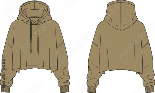 Cropped hoodie front and back flat sketch, drawstring hood ribbed cuff hem back seam detail, cad drawing flat vector illustration fashion template