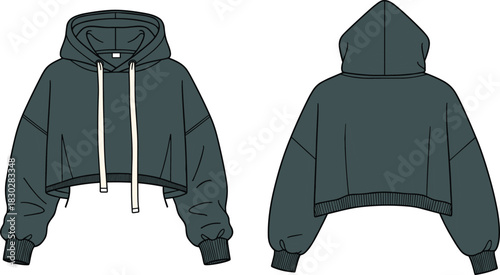 Cropped hoodie front and back flat sketch, drawstring hood ribbed cuff hem loose fit detail, cad drawing flat vector illustration fashion template