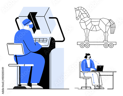 Cybersecurity concept. Cybersecurity threats with Trojan horse malware and remote work challenges. Cybersecurity protecting sensitive data from cyberattacks. For IT, data protection, risk management