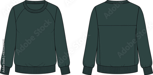 Crewneck sweatshirt front and back flat sketch, raglan sleeve upper back seam ribbed cuff hem detail, cad drawing flat vector illustration template