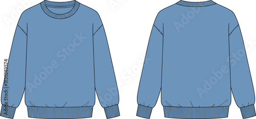 Crewneck sweatshirt front and back flat sketch, dropped shoulder ribbed cuff hem neckline detail, cad drawing flat vector illustration fashion templateCrewneck sweatshirt front and back flat 