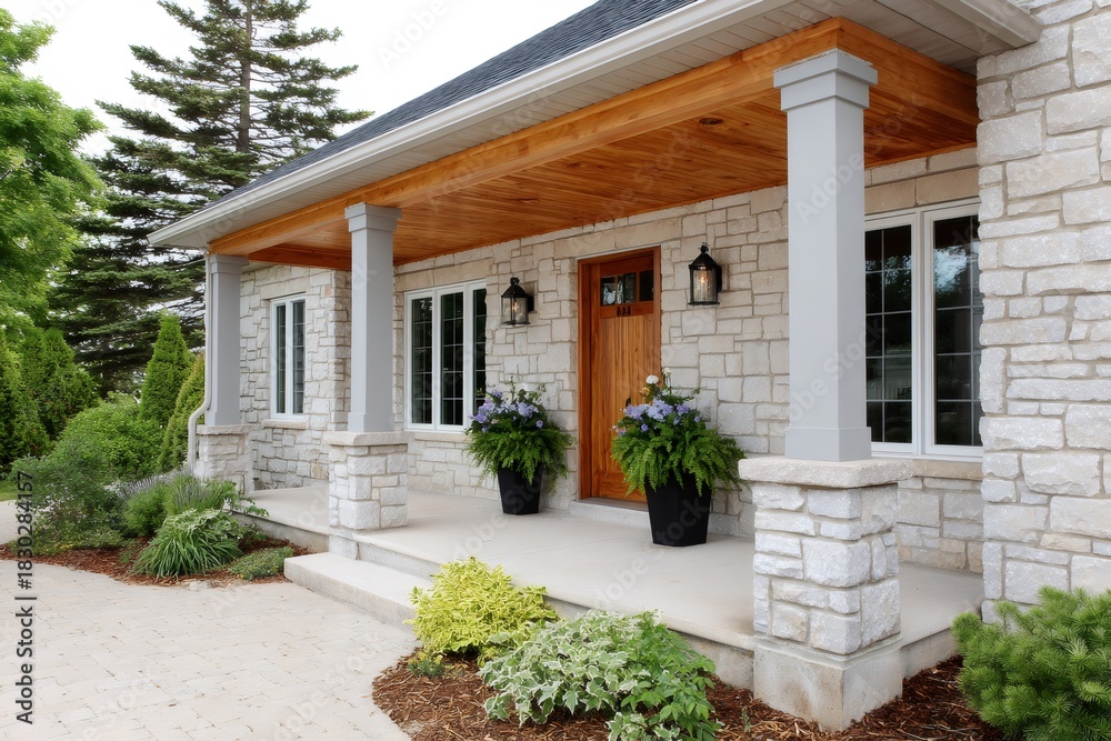 Fototapeta premium Stone house exterior with front porch and landscaping