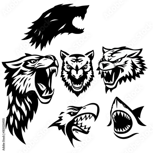 A collection of blackandwhite stylized animal head illustrations featuring aggressive expressions and prominent teeth