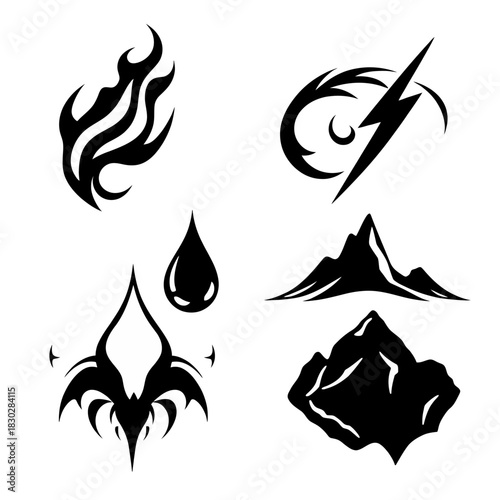 A collection of six stylized black and white elemental symbols fire lightning water mountain