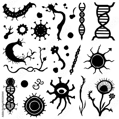 Black and white image of various stylized biological or scientific elements