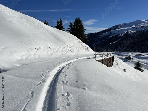 Wonderful winter hiking trails and traces in the fresh alpine snow cover of the Swiss Alps and over the village of St. Antönien - Canton of Grisons, Switzerland (Kanton Graubünden, Schweiz)