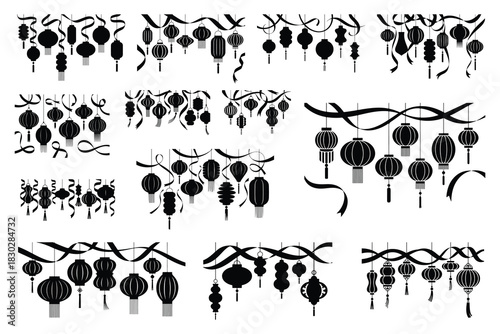 Black Chinese Lanterns and Ribbons Silhouettes hanging