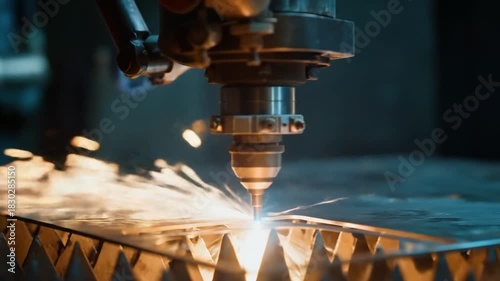 Close-up of a machine cutting metal with a bright blue laser, sparks fly