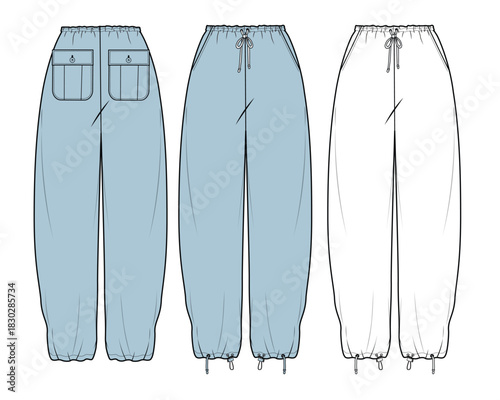 Harem pants women front and back view technical illustration vector mockup template.