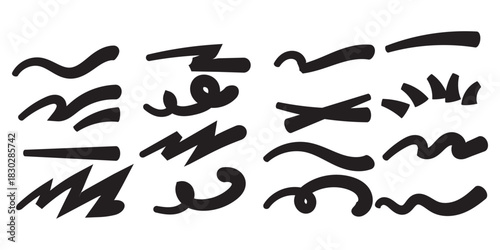 Squiggle brush scribble underline. Marker pen emphasis highlight swoosh stroke. Vector swoosh brush underline set for accent, marker emphasis squiggle element. Vector illustration 