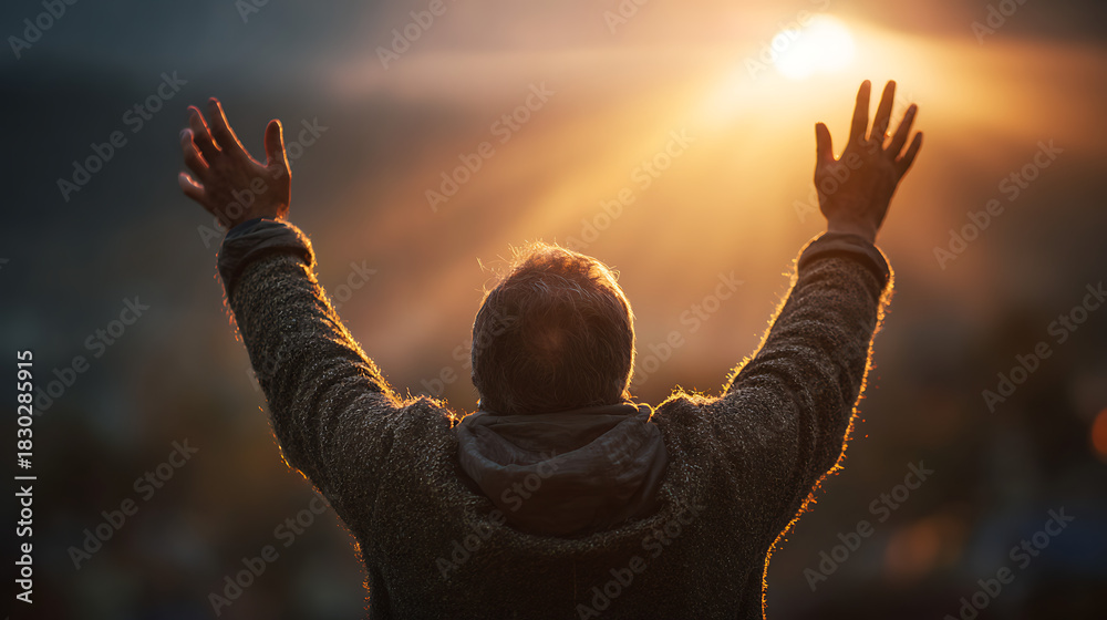 Fototapeta premium christian prayer with raised hands toward sunlight at sunset spiritual worship concept faith belief devotion hope divine light and peaceful sacred background