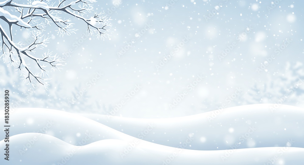 Fototapeta premium A serene winter landscape featuring falling snow bare branches and snowdrifts below.