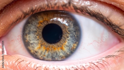 Close-up of an eye with detailed iris, eyelashes, and skin. Features intricate patterns and texture