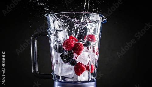 Macro crushed ice frozen berries dropped blender splash