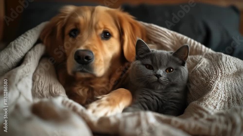 Wallpaper Mural Cozy Golden Retriever and grey cat snuggled in a knitted blanket, portrait view Torontodigital.ca