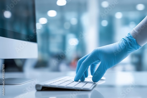 Hand in medical glove typing on computer keyboard