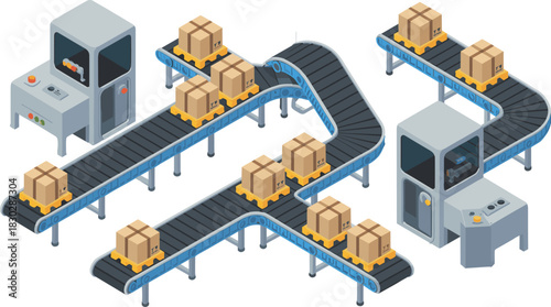 Industrial conveyor system with cardboard boxes on pallets, automated packaging line, warehouse logistics workflow, modern distribution center machinery illustration, isometric design