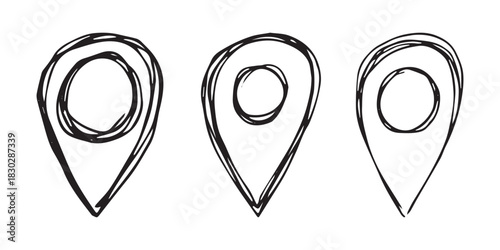 Set of hand drawn map pin Map marker pointer sign GPS and mapping tools Location pin symbol Pinpoint clipart in doodle style Single element for web, design