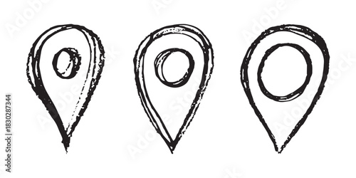 Set of hand drawn map pin Map marker pointer sign GPS and mapping tools Location pin symbol Pinpoint clipart in doodle style Single element for web, design
