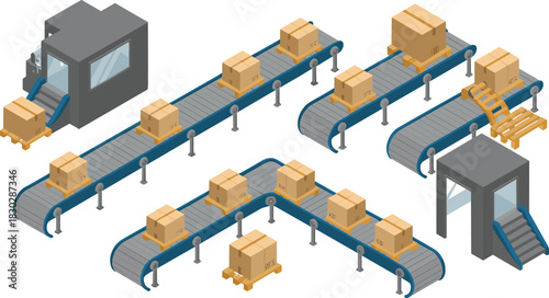 Industrial conveyor system with cardboard boxes on pallets, automated packaging line, warehouse logistics workflow, modern distribution center machinery illustration, isometric design