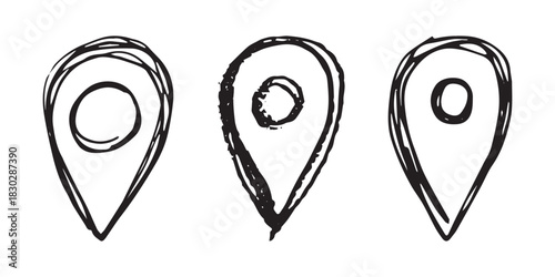 Set of hand drawn map pin Map marker pointer sign GPS and mapping tools Location pin symbol Pinpoint clipart in doodle style Single element for web, design