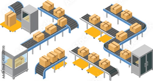 Industrial conveyor system with cardboard boxes on pallets, automated packaging line, warehouse logistics workflow, modern distribution center machinery illustration, isometric design