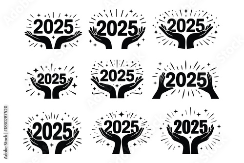 Black hands holding the year 2025 with starbursts new year