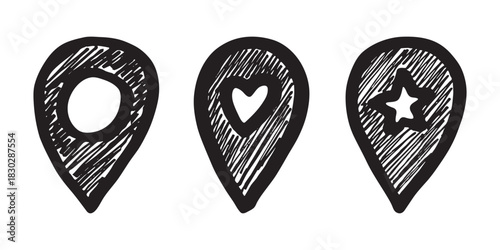 Set of hand drawn map pin Map marker pointer sign GPS and mapping tools Location pin symbol Pinpoint clipart in doodle style Single element for web, design