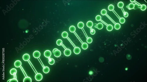 Abstract glowing green DNA double helix strand on a dark background with glowing particles