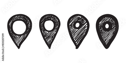 Set of hand drawn map pin Map marker pointer sign GPS and mapping tools Location pin symbol Pinpoint clipart in doodle style Single element for web, design