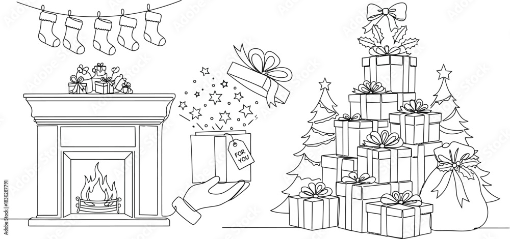 Obraz premium Christmas fireplace gifts stockings tree holiday celebration winter season joy