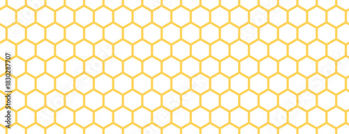 Seamless honeycomb pattern texture. Golden honey beehive mosaic shape wallpaper. Yellow repeated line hexagon grid background. Repeating outline geometric hexagonal structure. Vector backdrop