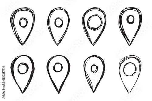 Set of hand drawn map pin Map marker pointer sign GPS and mapping tools Location pin symbol Pinpoint clipart in doodle style Single element for web, design