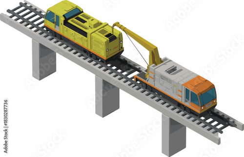 Isometric illustration of railway maintenance vehicle towing car on elevated track, rail bridge scene, transportation repair concept, 3D vector design