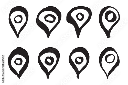 Set of hand drawn map pin Map marker pointer sign GPS and mapping tools Location pin symbol Pinpoint clipart in doodle style Single element for web, design