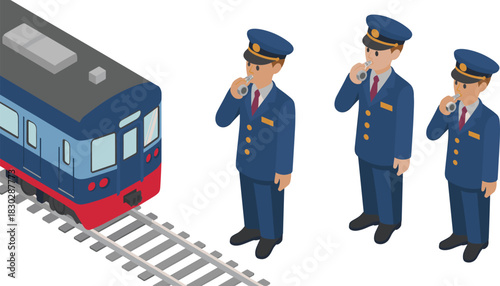 Isometric illustration of train conductors blowing whistles, railway staff teamwork, transportation safety concept, metro carriage, railroad workers, professional uniform figures